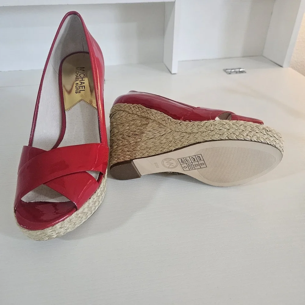 MICHAEL Michael Kors Red Patent Leather Espadrille Wedge Sandals Size 8.5M